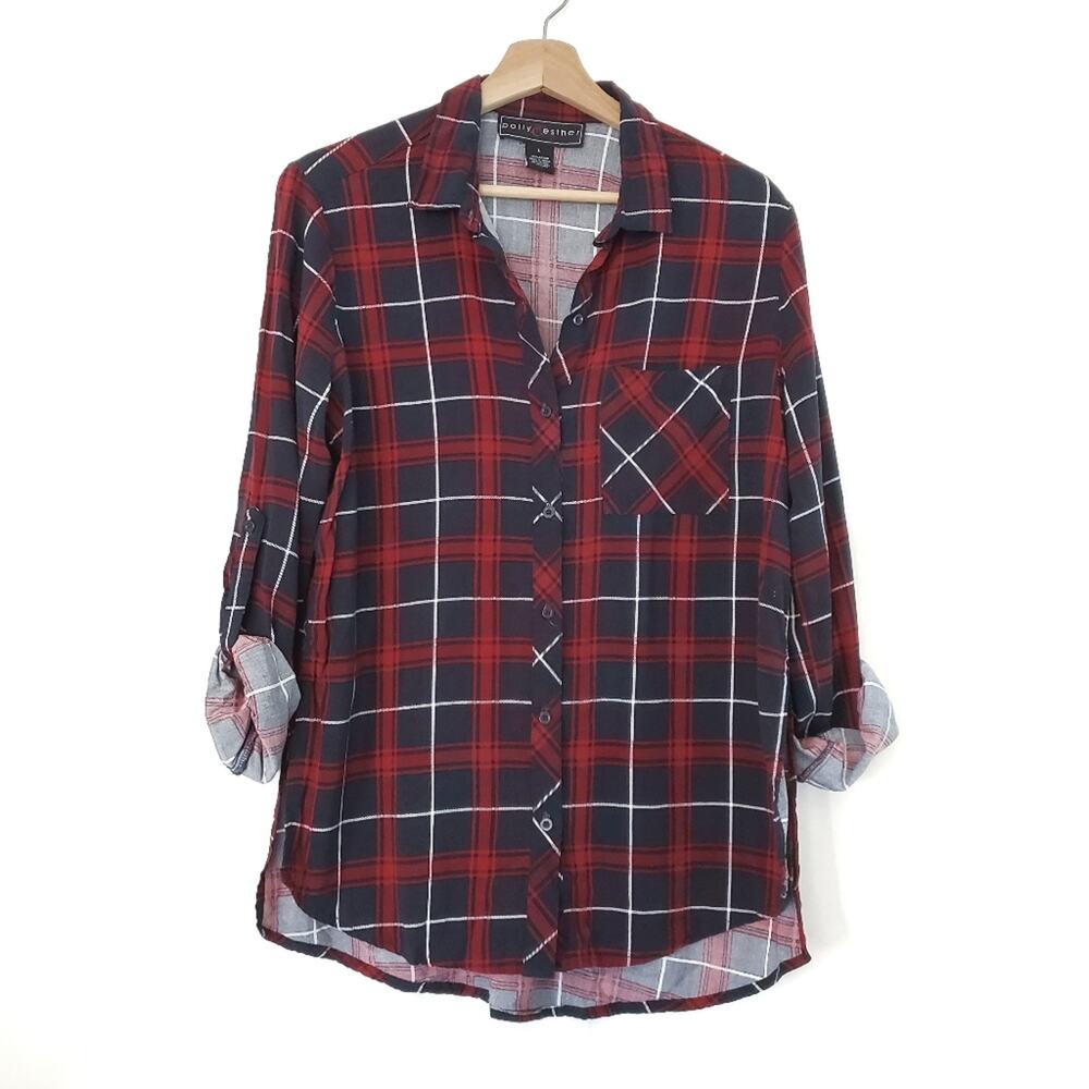 Polly & Esther | Roll Sleeve Plaid Button Up Shirt